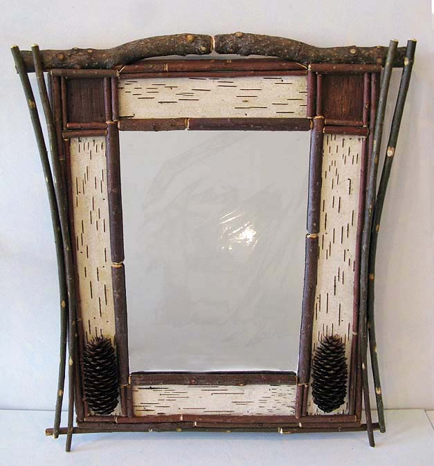 Birch and Twig Mirror with Pine Cones